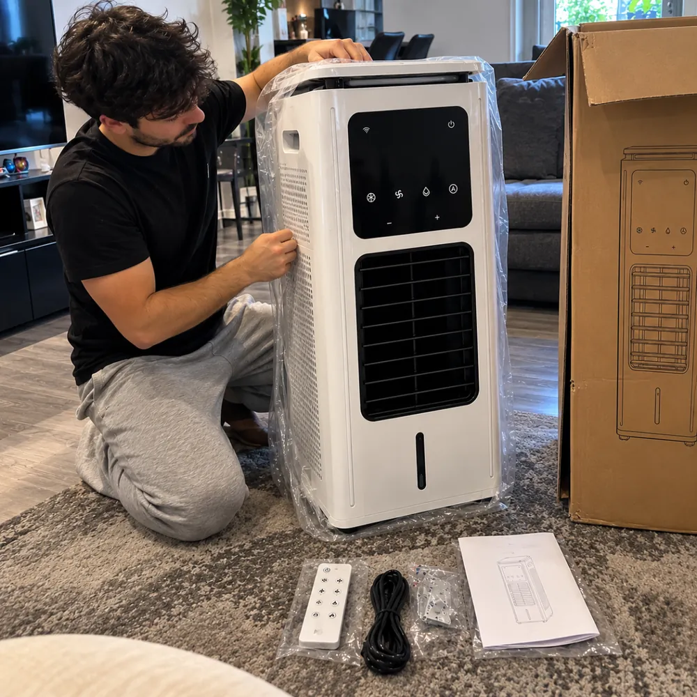 Kunde packt das Klimagerät aus